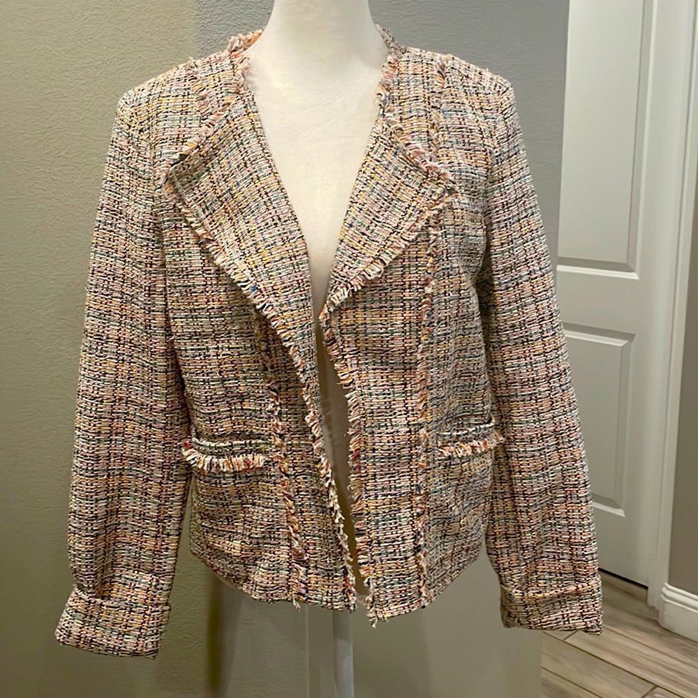 Ann Taylor Tweed Open Front Blazer Jacket With Frayed Hem Size 4